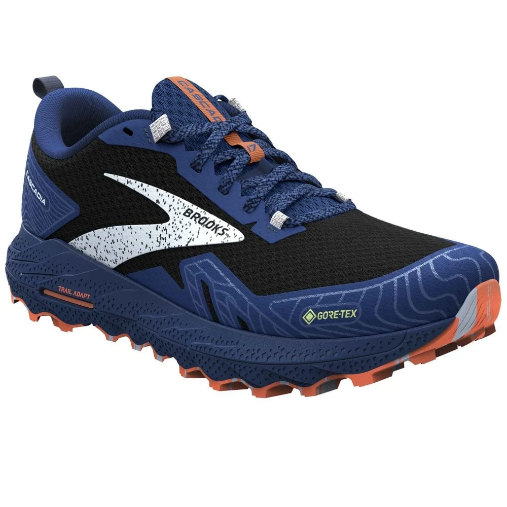 BROOKS Cascadia 17 GTX Mens Waterproof Trail Running Shoes Black/Blue/Firecracker 1 BROOKS Cascadia 17 GTX Mens Waterproof Trail Running Shoes Black/Blue/Firecracker