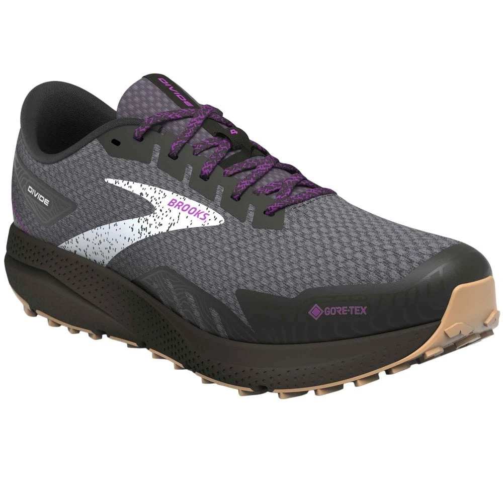 BROOKS Divide 4 GTX Womens Waterproof Trail Running Shoes Black/Blackened Pearl/Purple 1 BROOKS Divide 4 GTX Womens Waterproof Trail Running Shoes Black/Blackened Pearl/Purple